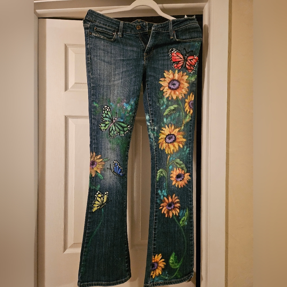💫One-Of-A-Kind Artistic Blue Jeans with Sunflowers & Butterflies 🦋